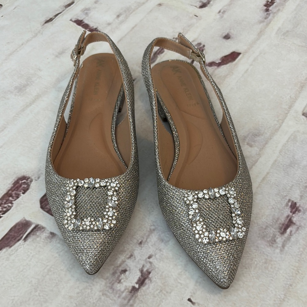 Anne Klein Silver Heeled Slingbacks with Rhinestone Buckle